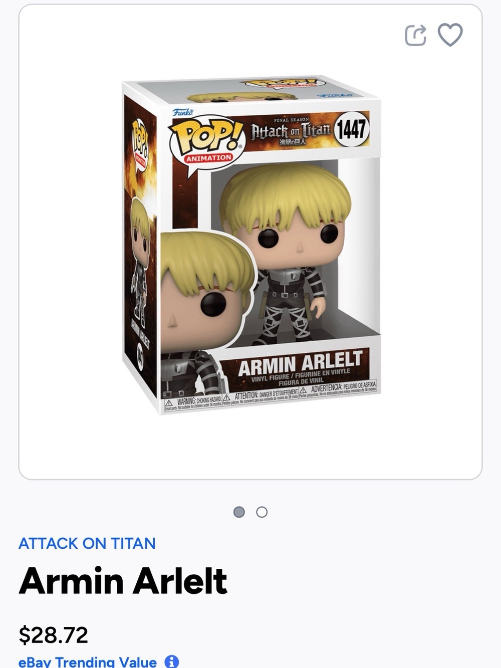 Funko Pop! Armin Arlert Vinyl Figure - Blonde, Black Outfit- 1447